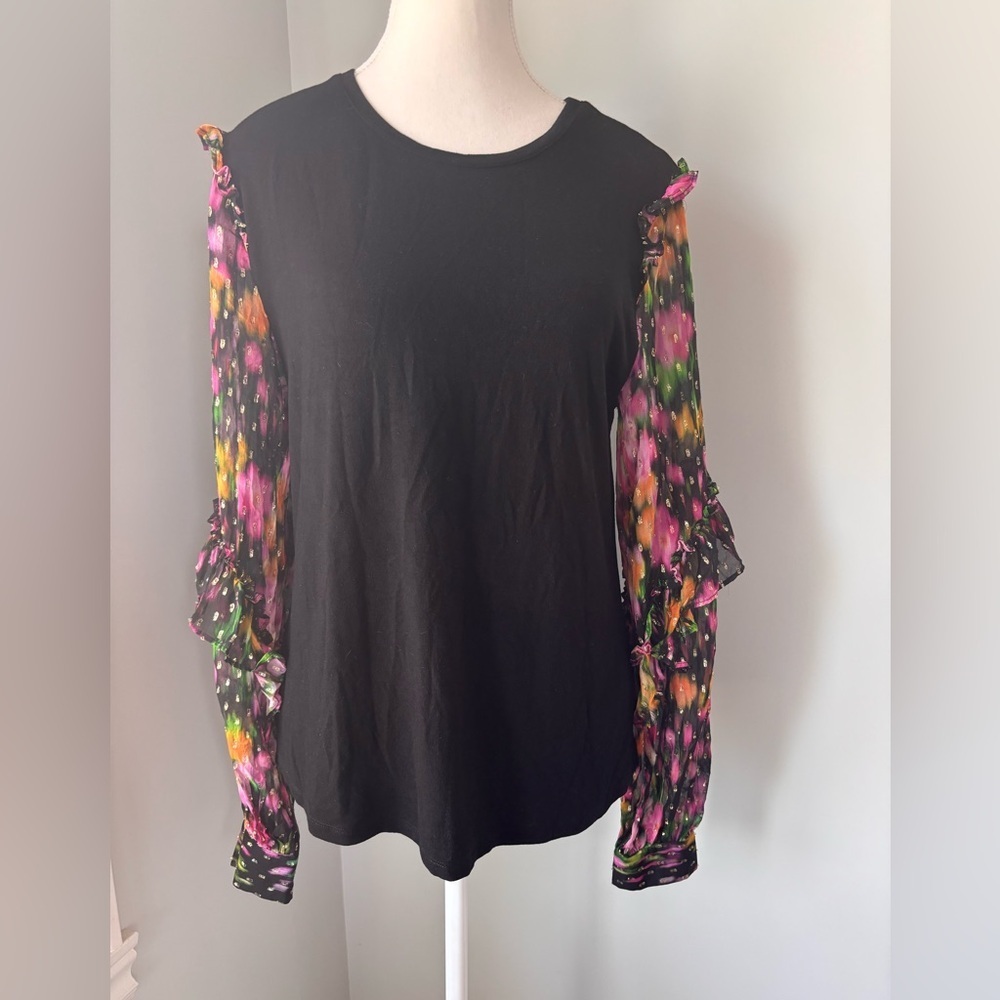 Generation Love Floral Sheer Sleeve Black Top